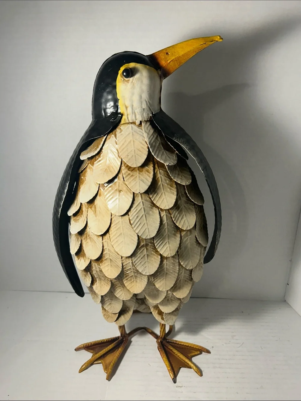 Decorative Black and Cream Penguin Bird Figurine - Metal Feather Design 18 in H